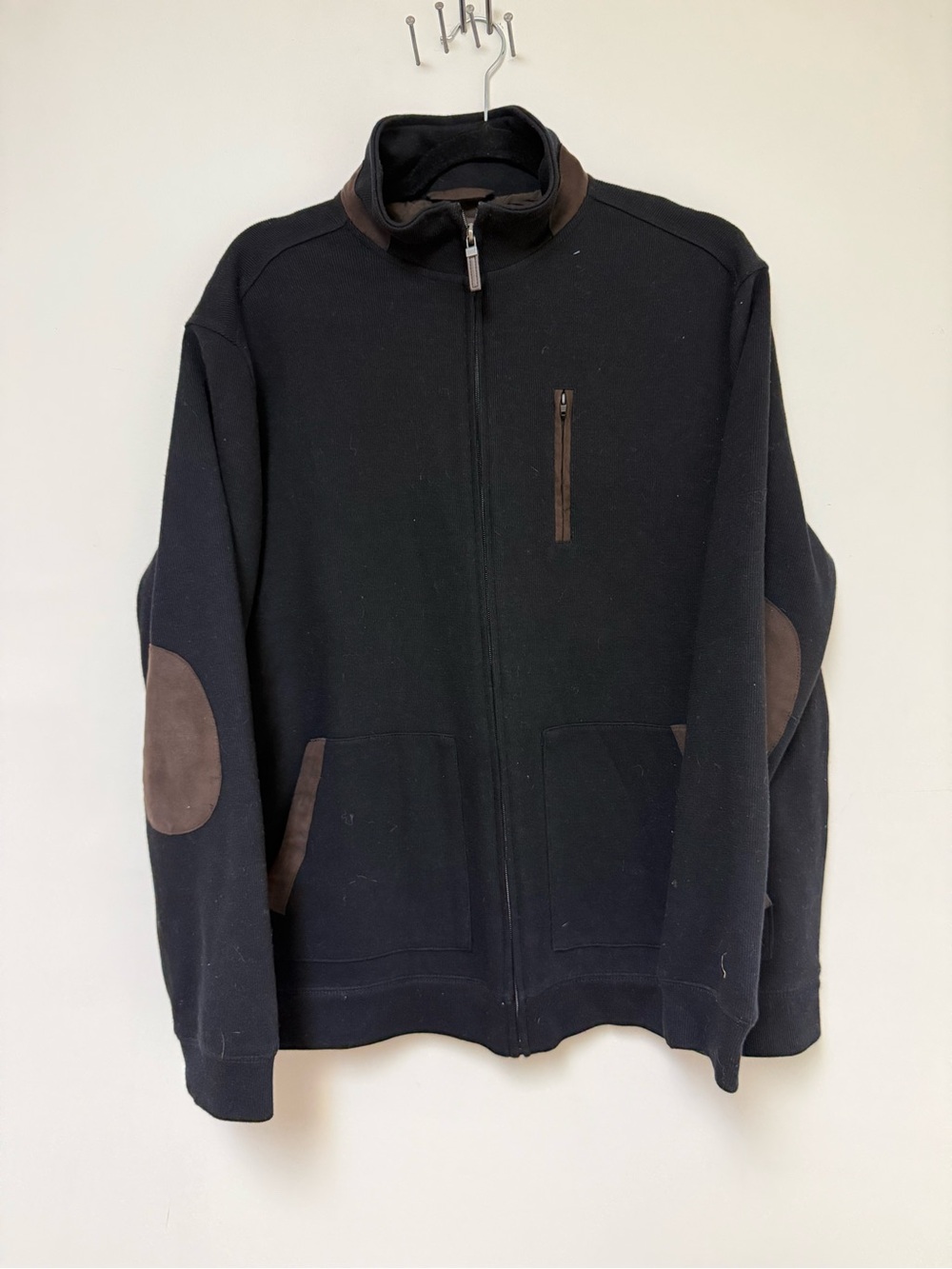 Tasso Elba Black Cardigan with Brown Suede Accents